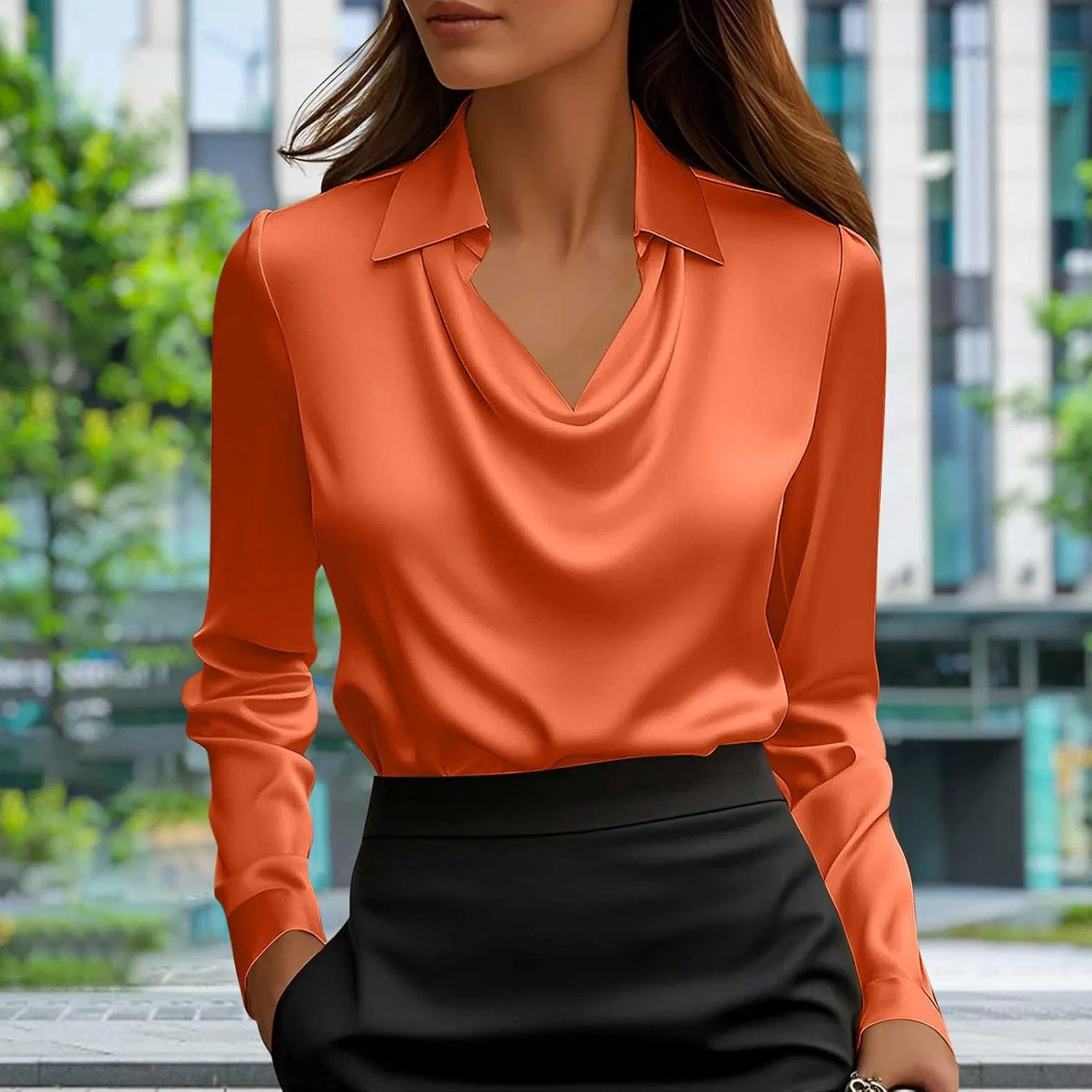 Женская элегантная блуза из сатина с воротником-качели Pelang, Orange — фото 2