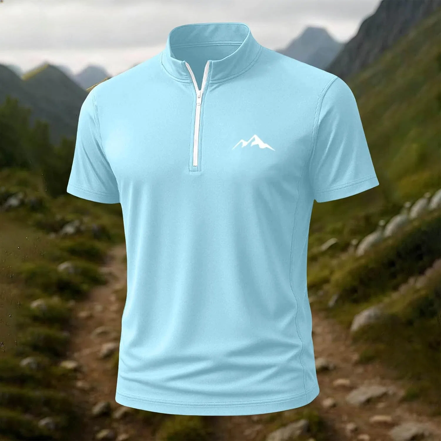 Мужская футболка с четверть-застежкой молнией и воротником-стойкой Athletic Slim Fit Golf T Shirts, Sky Blue — фото 2