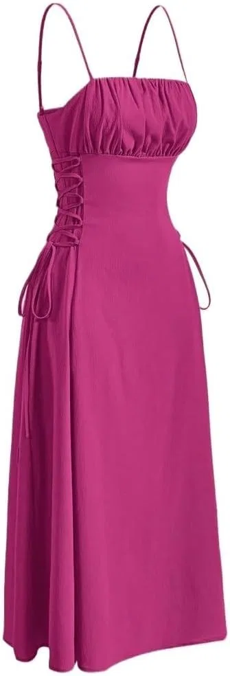 Женское летнее платье-ками с открытой спиной Ruched Midi Dress, Hot Pink — фото 4