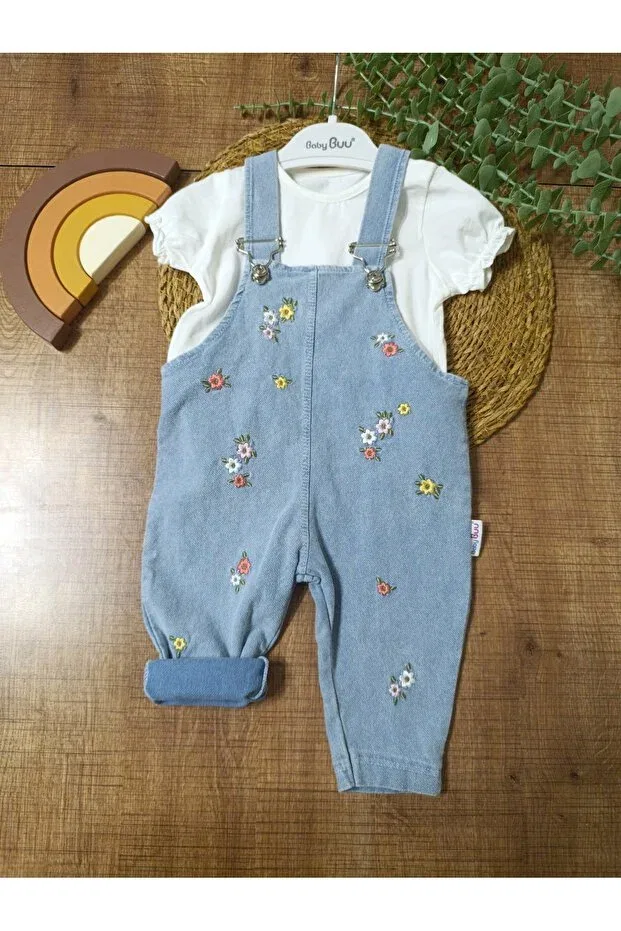 Детский комбинезон для девочек джинсовый с принтом Floral Embroidered Denim Jeans Baby Girl Salopet Set Gardener Holiday Set Baby Buu, Blue — фото 4