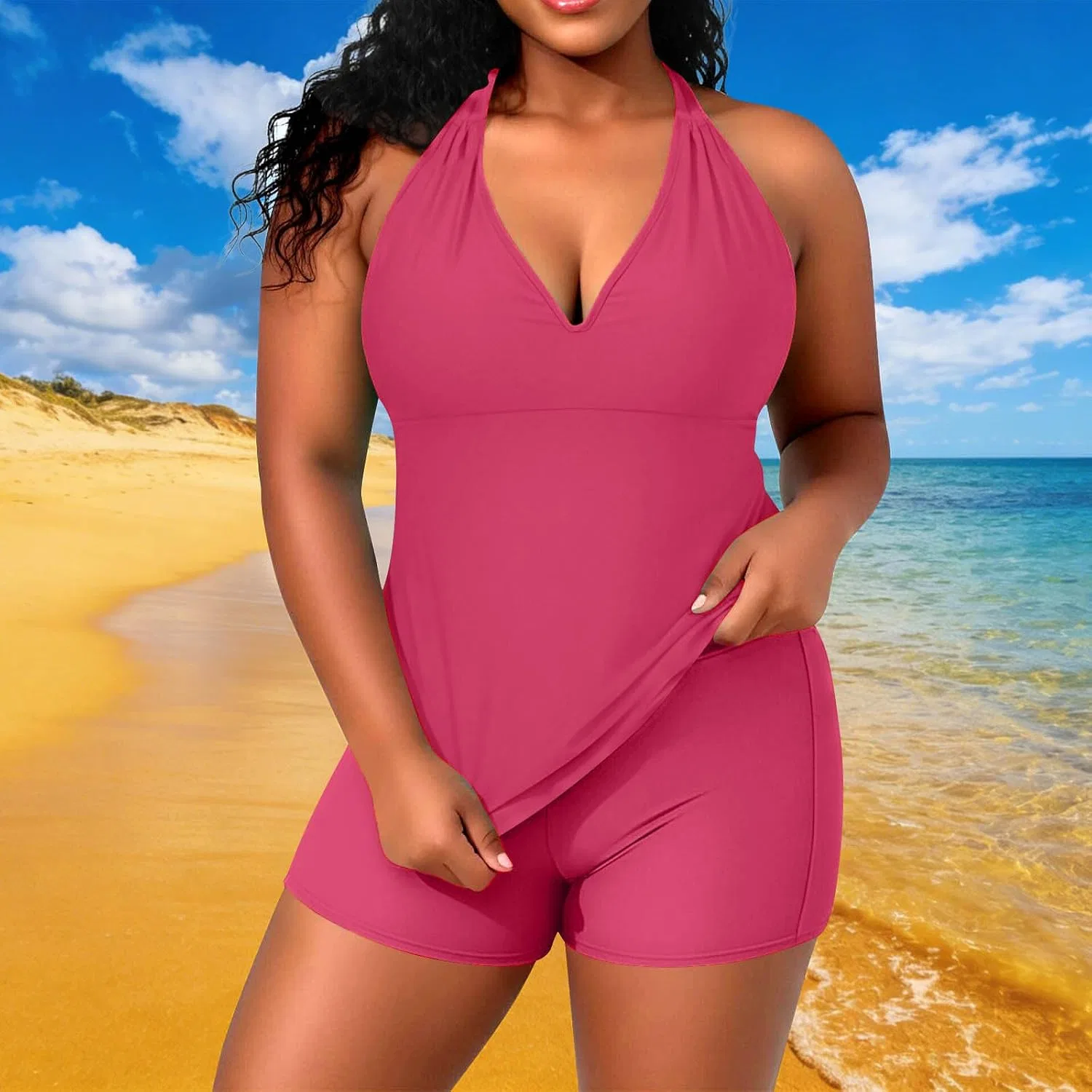 Женский раздельный купальник с халтером V-образным вырезом и шортами, Hot Pink — фото 2
