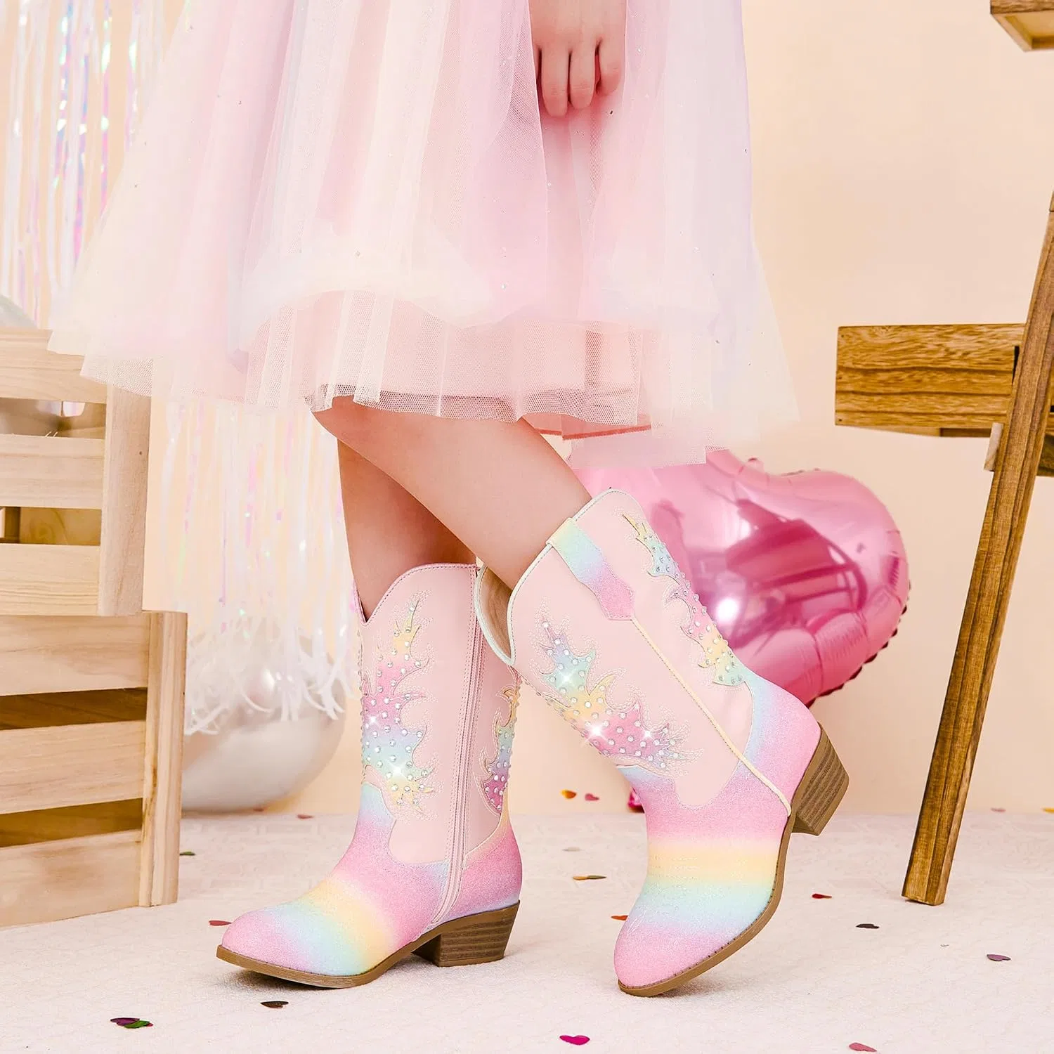 Детские сапоги для девочек с блестками и стразами Cowgirl Boots Motasha, Rainbow Pink — фото 2