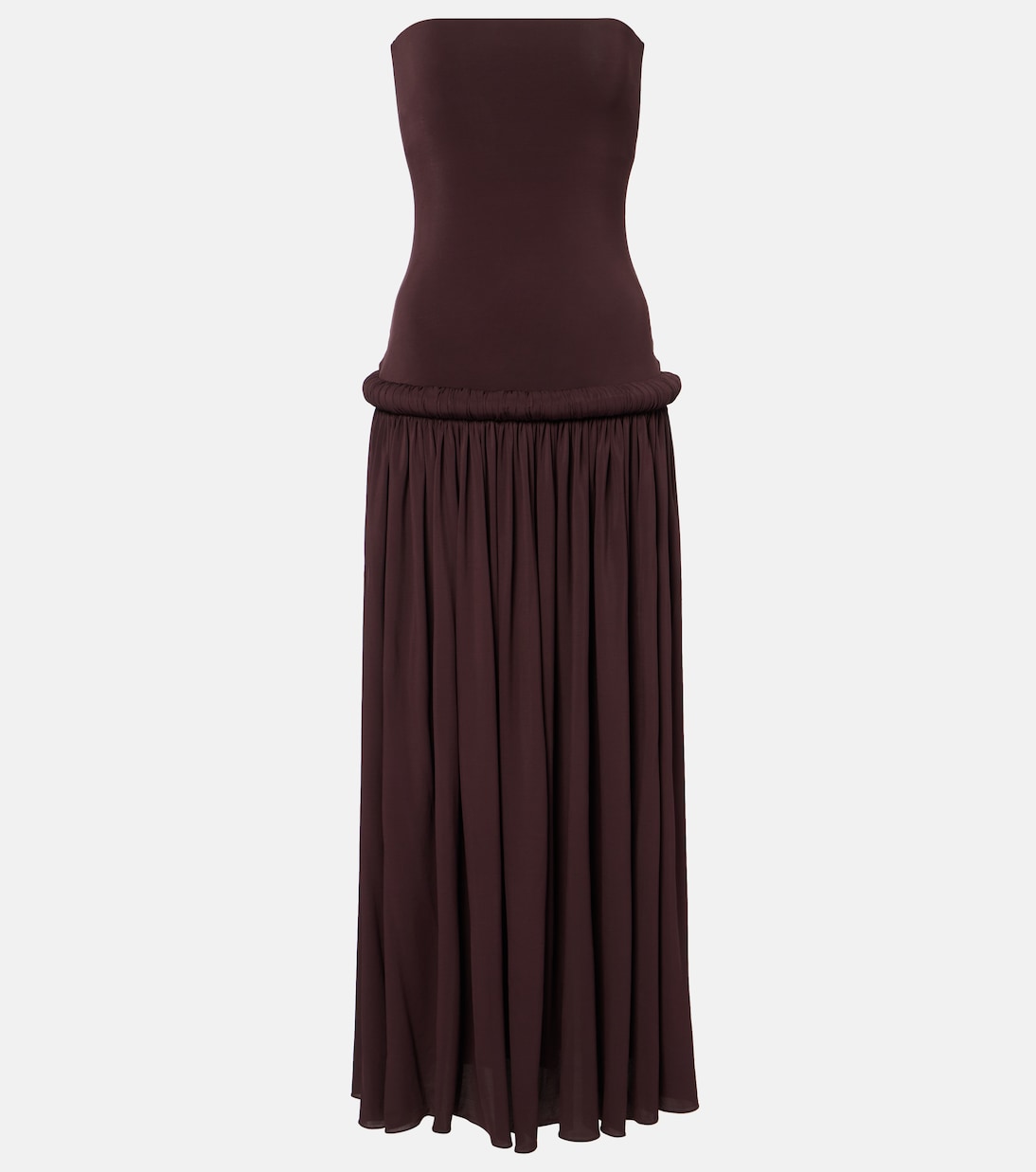 

Платье макси из джерси со сборками и без бретелек Alaïa, Acajou