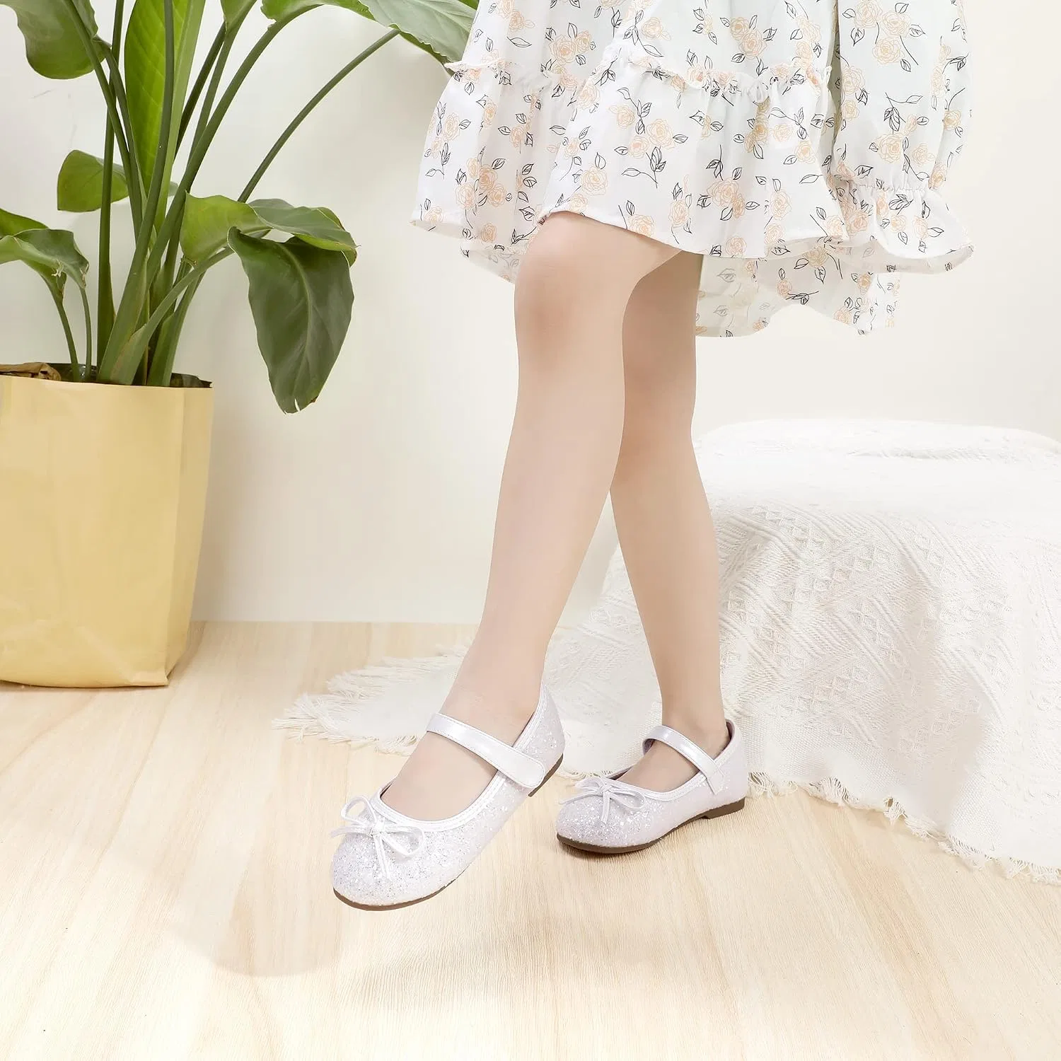 Детские балетки для девочек с бантом Mary Jane PANDANINJIA, White Sequin — фото 3