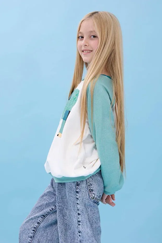 Детские свитшот для девочек с принтом Elephant Printed Crew Neck Oversize Seasonal Perendi, Ecru-Cagla — фото 2