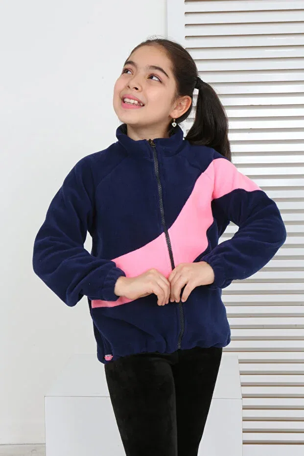 Детский кардиган с воротником-стойкой, цветной блок, модель Girl'S Stand Collar Zippered Color Block Raglan Sleeve Fleece Cardigan - Adjustable Elastic Waist, Toontoy, Navy Blue