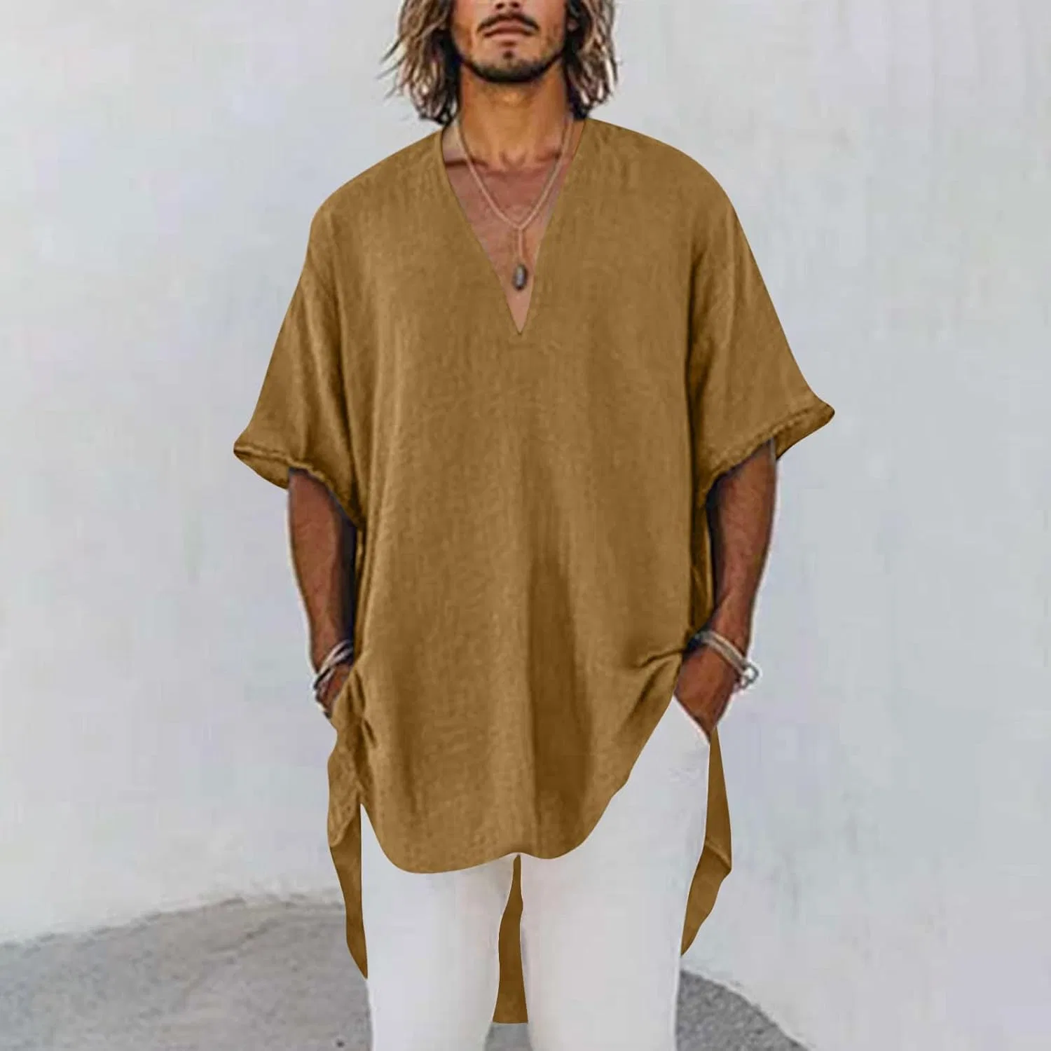 Мужская свободная футболка с V-образным вырезом Cotton Linen, Yellow — фото 2