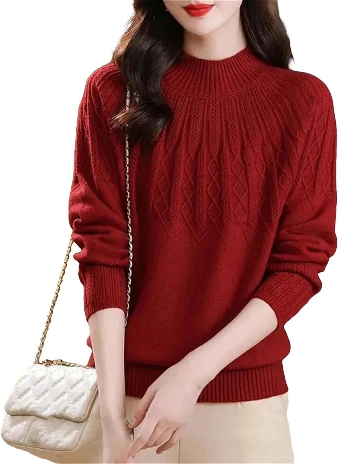 Женский свитер с высоким воротом, Slim Fit, Mockneck, красный