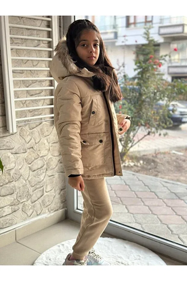 Детское зимнее пальто для девочек с геометрическим принтом Narin Kids, Nude Color — фото 4