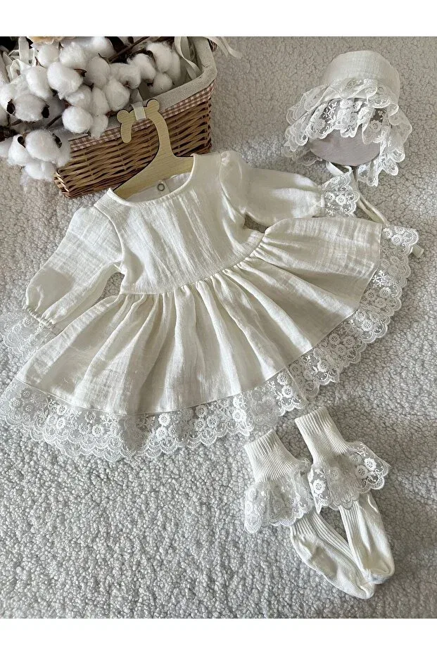 Детский комплект платьев с кружевом Organic Muslin Fabric Lace Detailed Biya Baby, Ecru — фото 3