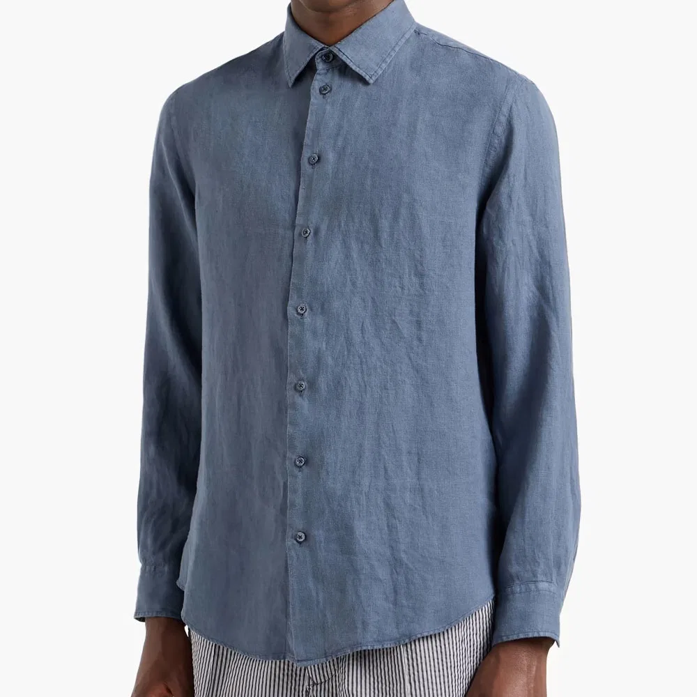 Мужская рубашка с французским воротником Garment Dyed Linen Shirt EMPORIO ARMANI, Blue — фото 3