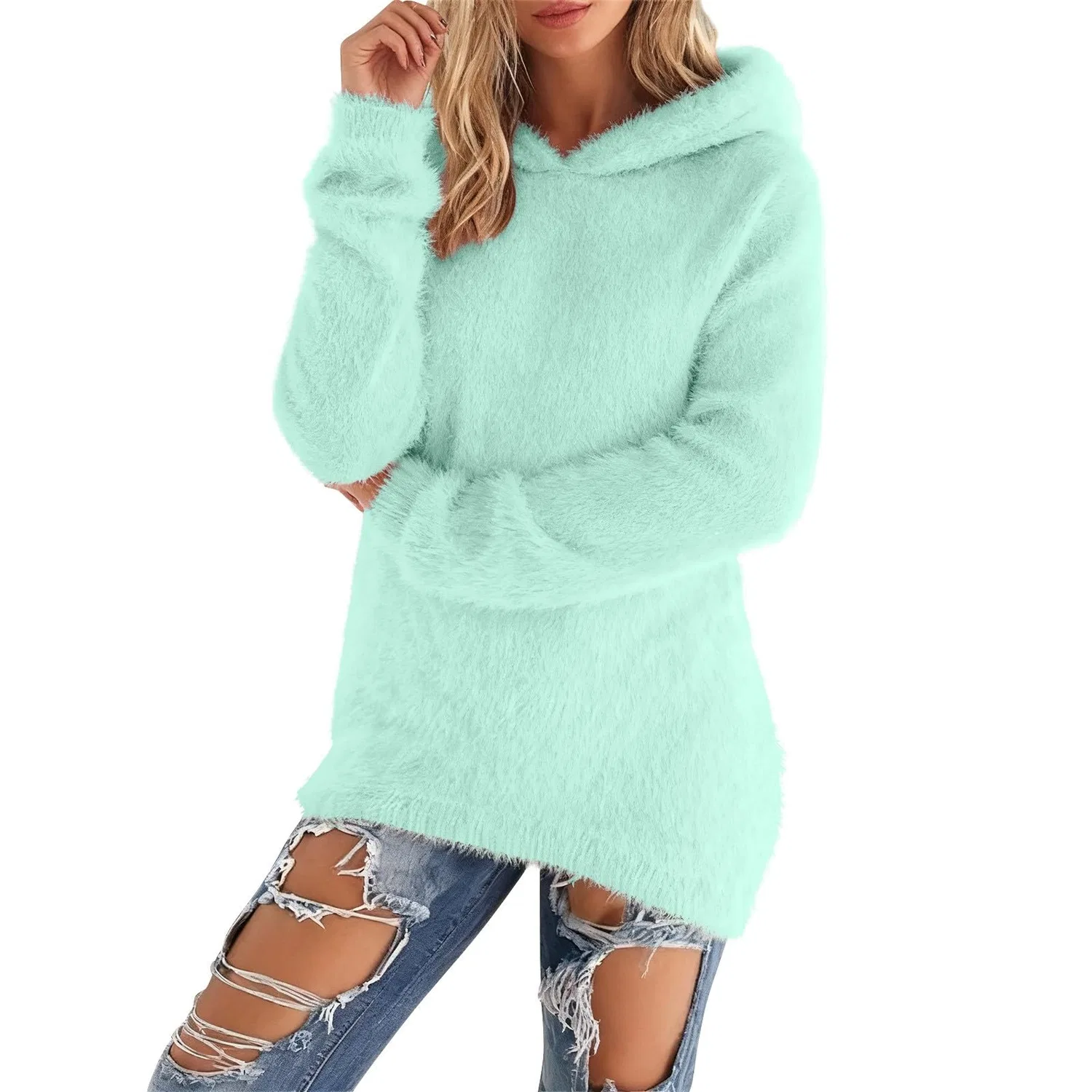 Женский свитшот с капюшоном из флиса с длинным рукавом, Green Mint