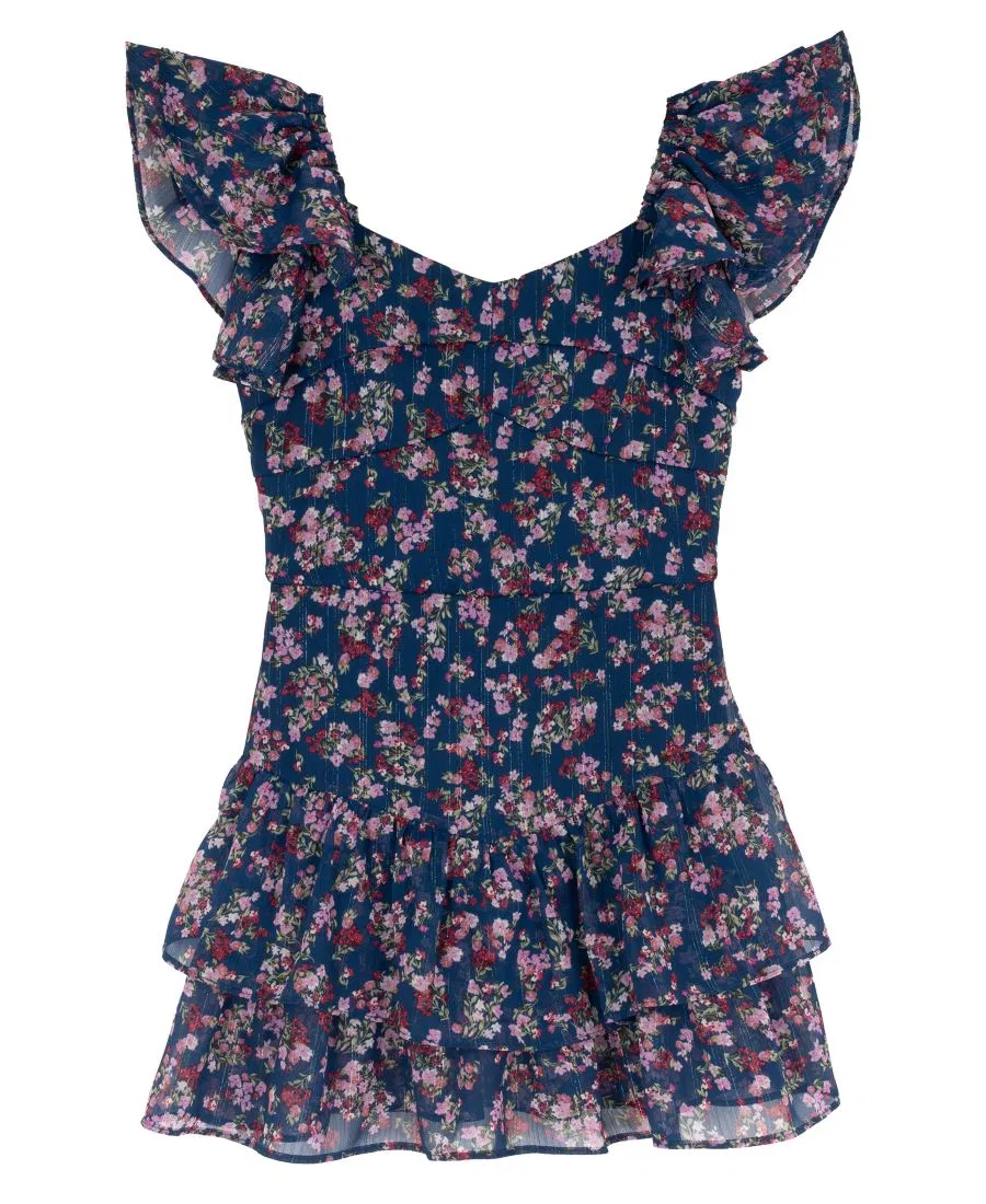 Платье из шифона с люрексом и рюшами Floral Lurex Stripe Chiffon Dress Rare Editions, Navy — фото 4