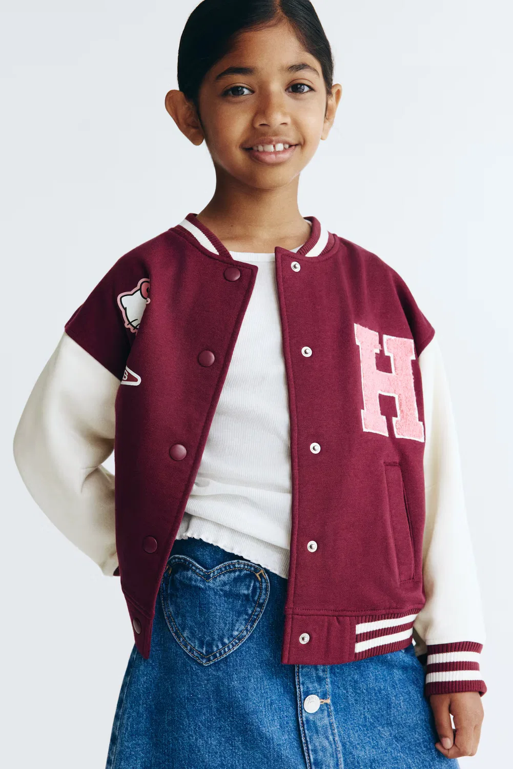 Бейсбольная куртка оверсайз с рисунком H&M, Dunkelrot/Hello Kitty — фото 4