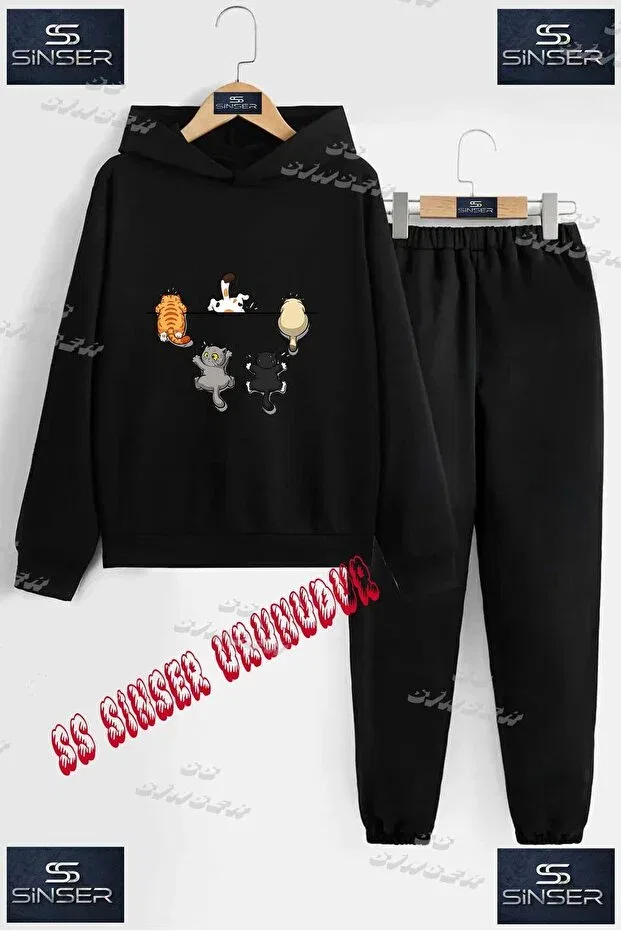 Детский комплект спортивных костюмов с принтом 5li Cat Drawing Ss Sinser, Black