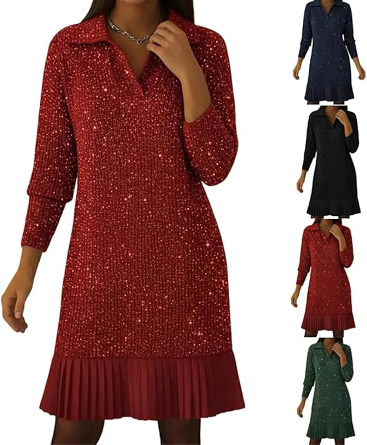Женское платье с поло воротником и блестками, Dark Red