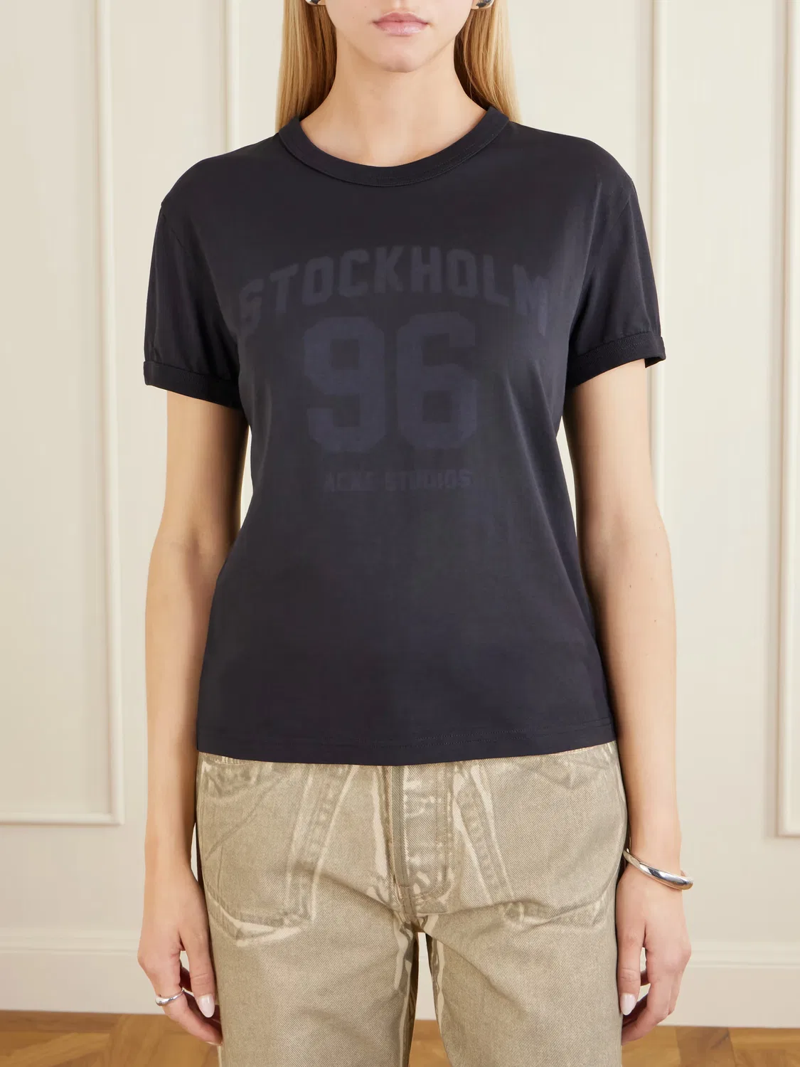 Футболка из хлопкового трикотажа с принтом Etza college Acne Studios, черный — фото 3