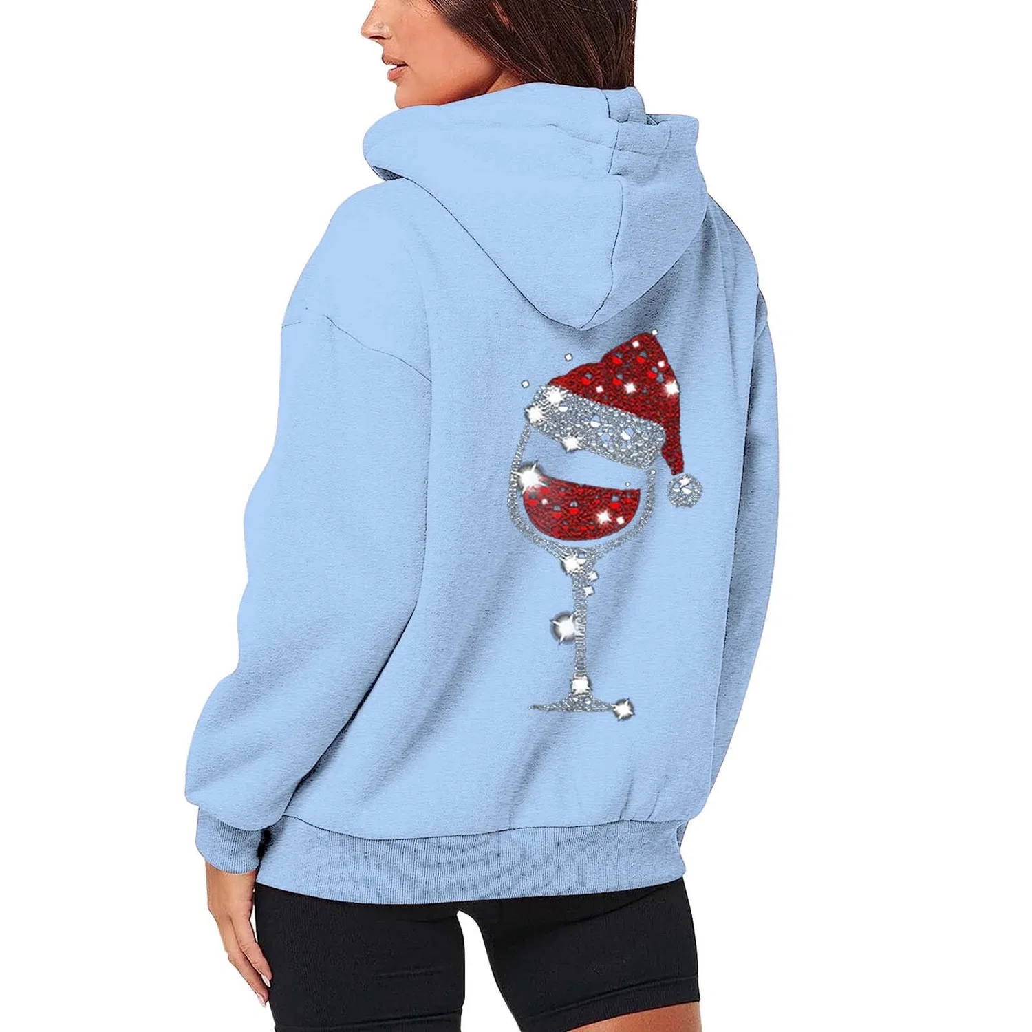 Женское худи с принтом Fashion Christmas Printed Zipper Long Sleeve Pocket Drawstring Casual Sport Hoodie, blu cielo