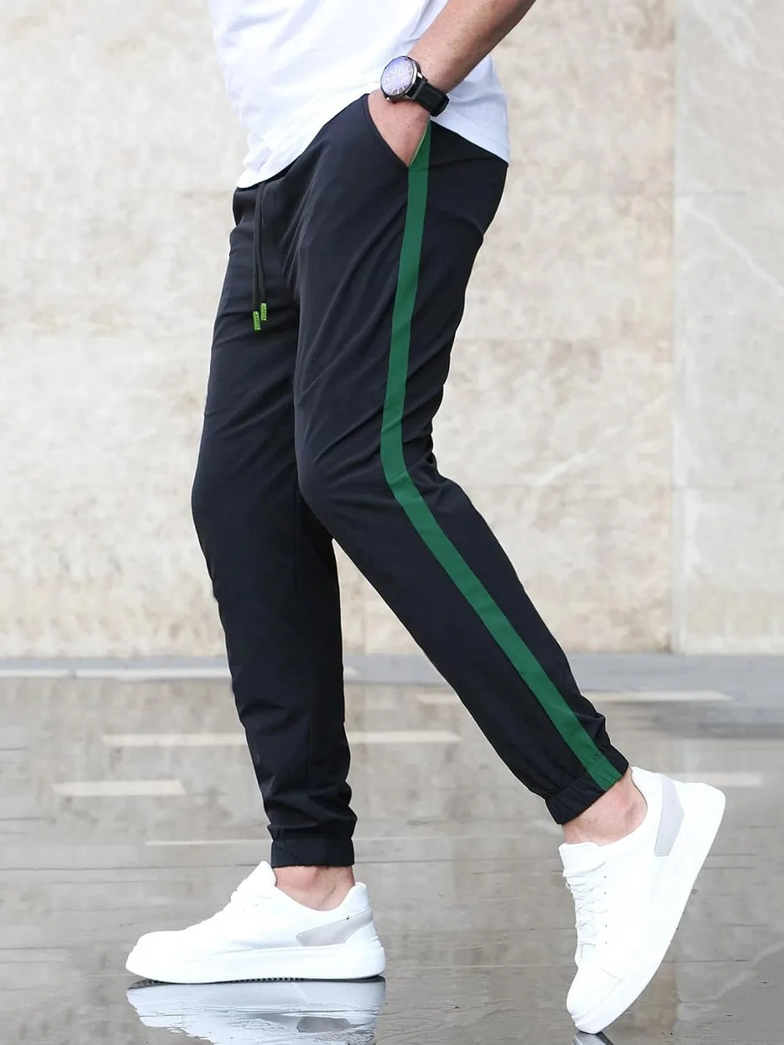 Мужские спортивные брюки с утяжкой, Colorblock, чёрный — фото 2