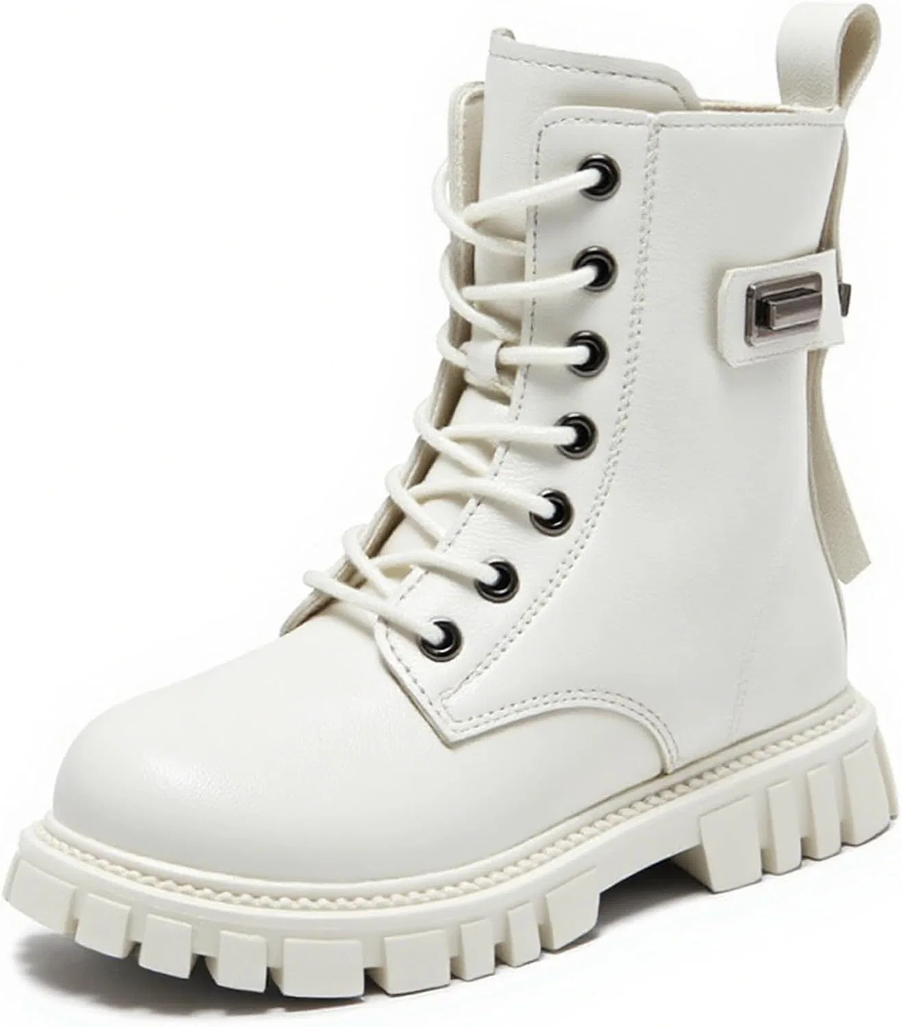 Детские ботинки на шнуровке с молнией Leather Combat Riding Boots BANGTEUO, White