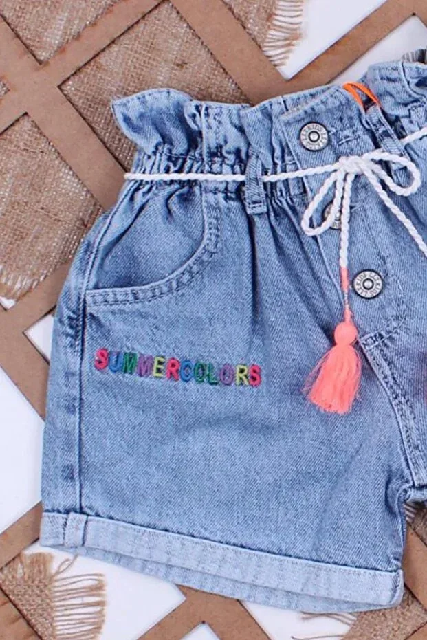 Детские шорты для девочек джинсовые с вышивкой Palm tree embroidered elastic waist Runkli Adams, Blue — фото 3