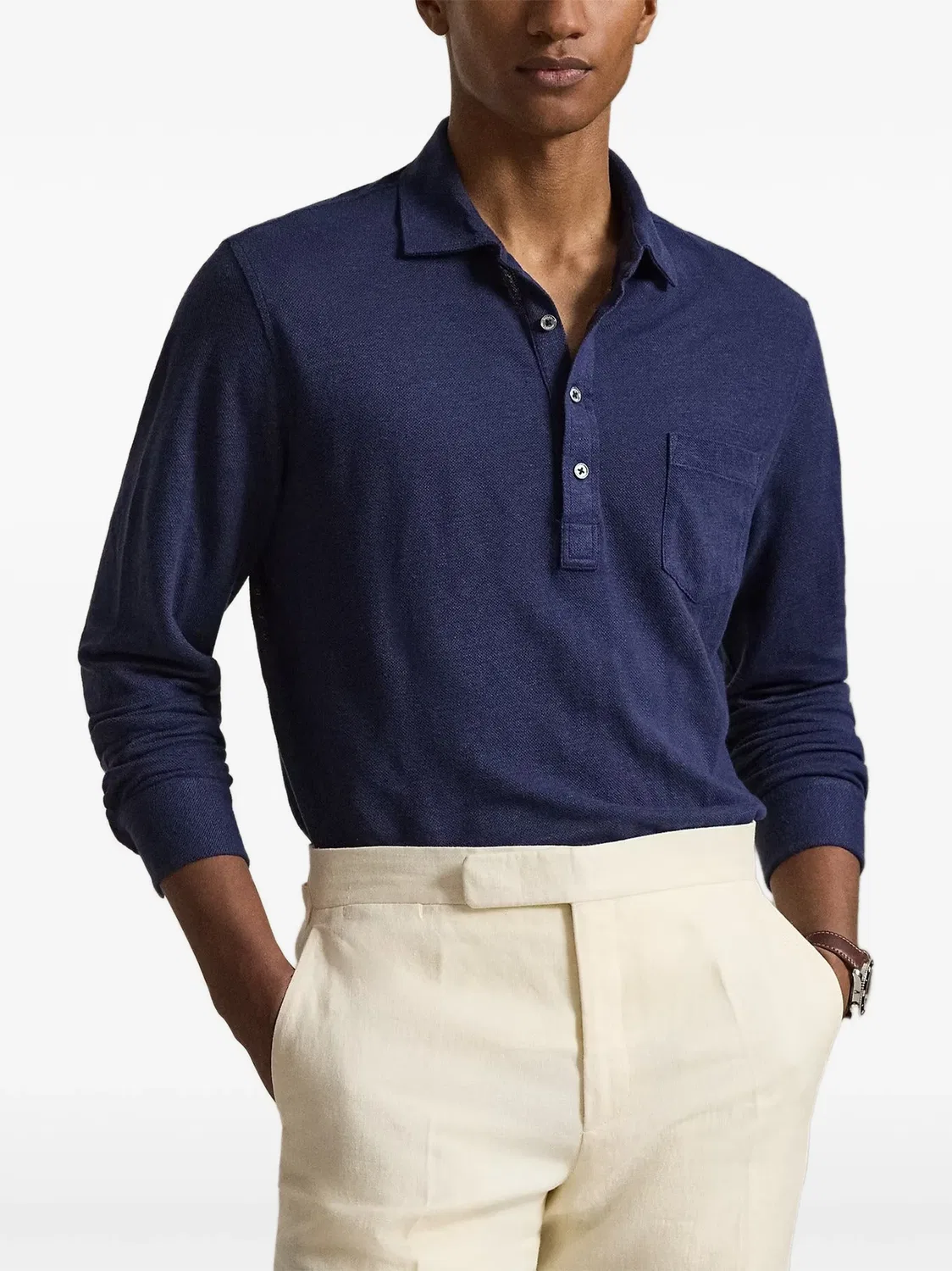 Льняная рубашка поло с длинными рукавами Polo Ralph Lauren, синий — фото 2