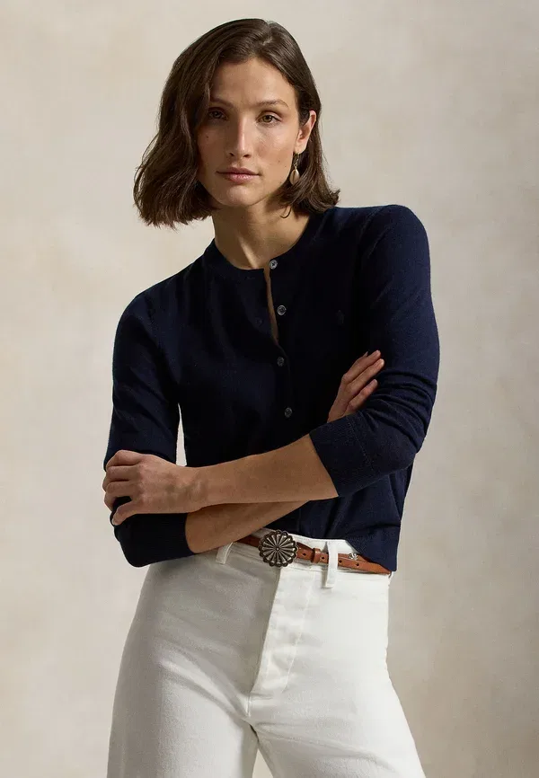 Кардиган из шерсти мериноса Merino wool crewneck cardigan Polo Ralph Lauren, Hunter темно-синий