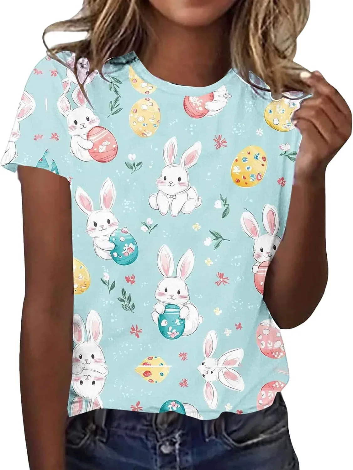 Женская футболка с кроликами, короткий рукав, Light Blue