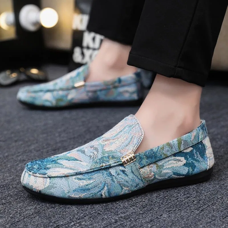 Лоферы кожаные с цветочным узором, Mens Loafers Round Toe PU Leather Floral Loafer Shoes, синий PUGHGAETZF — фото 4