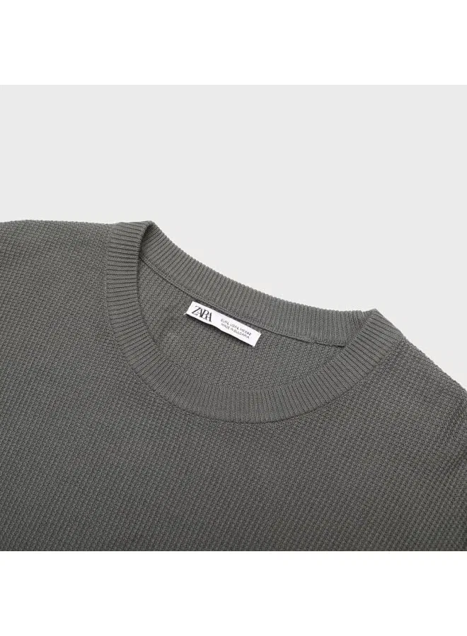 Свитер с круглым вырезом хлопковый Zara, серый — фото 4