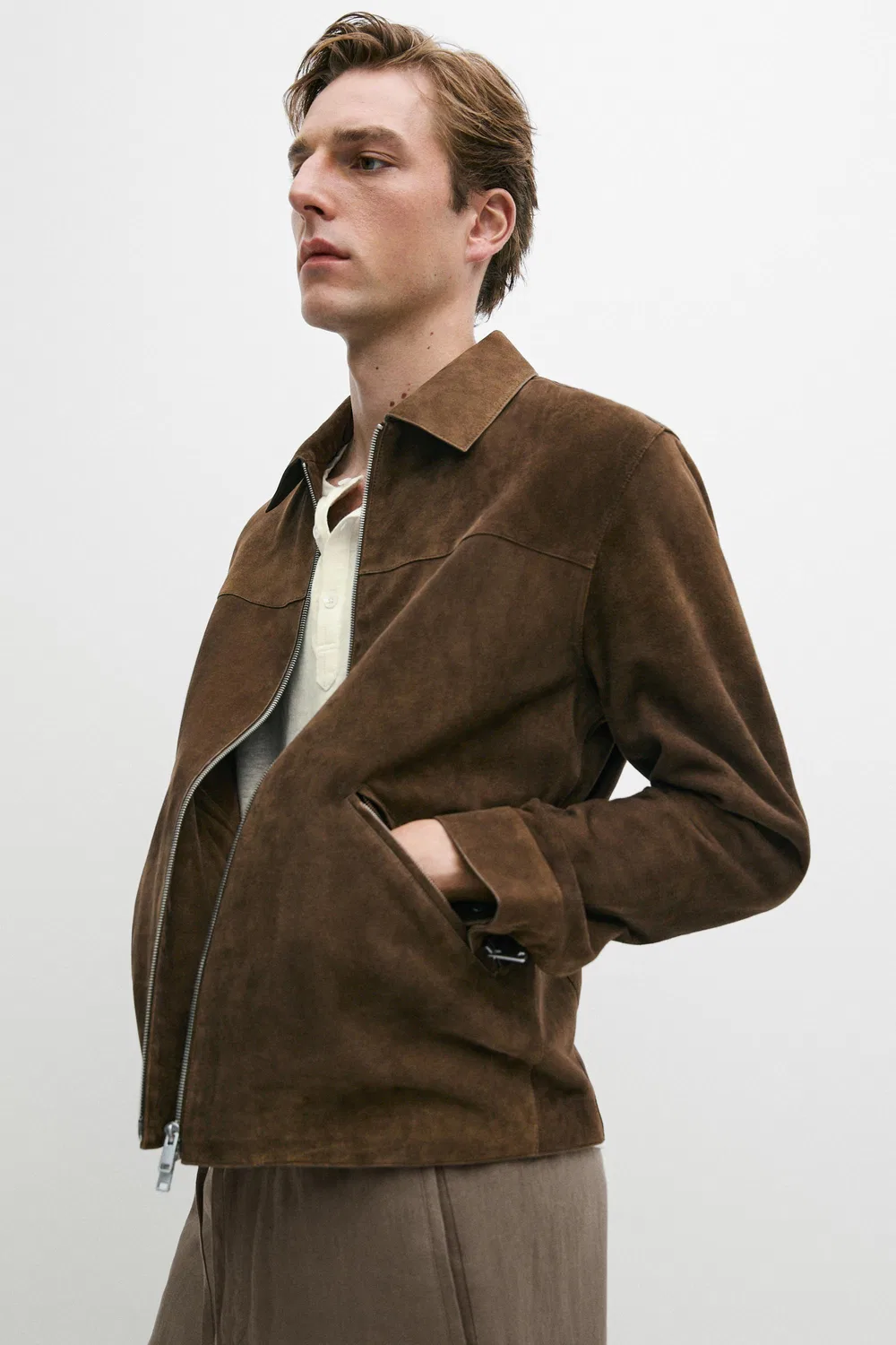 Куртка на молнии Massimo Dutti, кожаная, коричневый меланж — фото 4