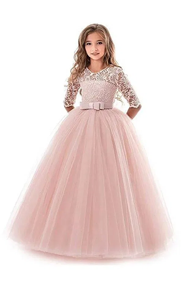 Детское платье для девочек кружевное с вышивкой Lace evening dress and children's dress - graduation dress with tarlan Mashotrend, Pink