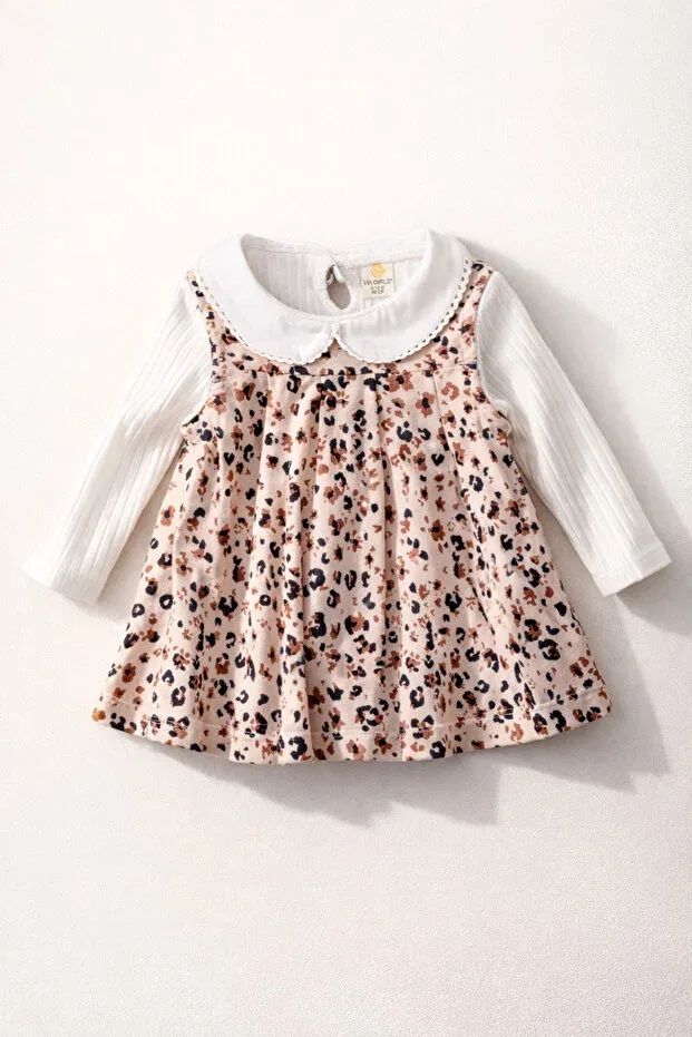 Детское платье для девочек с принтом Soft Leopard Printed Piece Gilet Dress & Peter Pan Collar Corded Fabric Bodysuit Combination Uğur Bebe, Leopard — фото 3