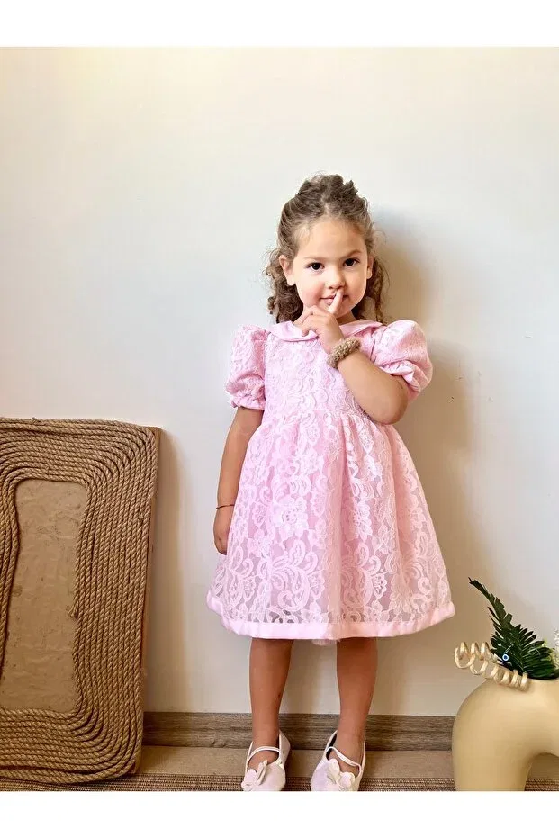Детское платье для девочек кружевное с коротким рукавом Penu Baby Kids, Pink — фото 4