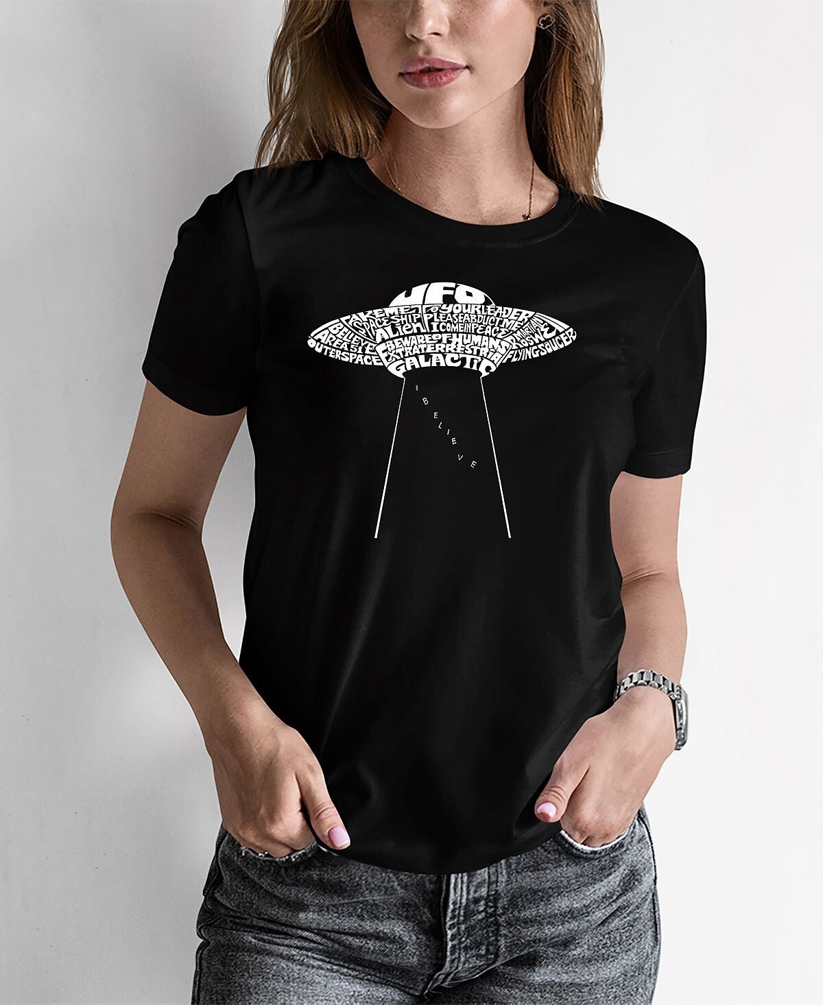 

Женская футболка word art flying saucer ufo LA Pop Art, черный
