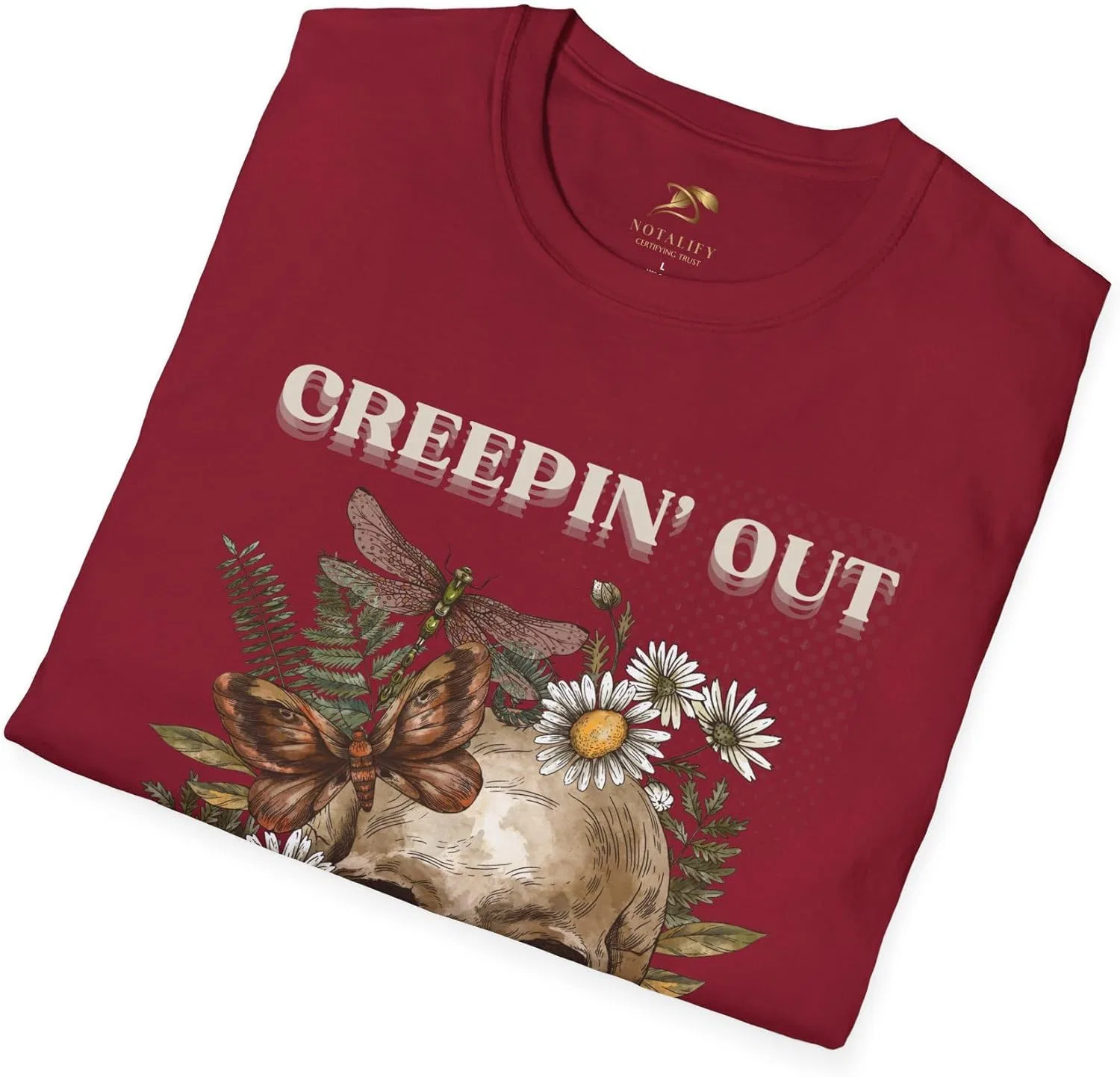 NOTALIFY Футболка с черепом на Хэллоуин "Creepin' Out" | Винтажная готическая футболка с цветочным принтом | Жуткий осенний наряд для взрослых и подростков — фото 4