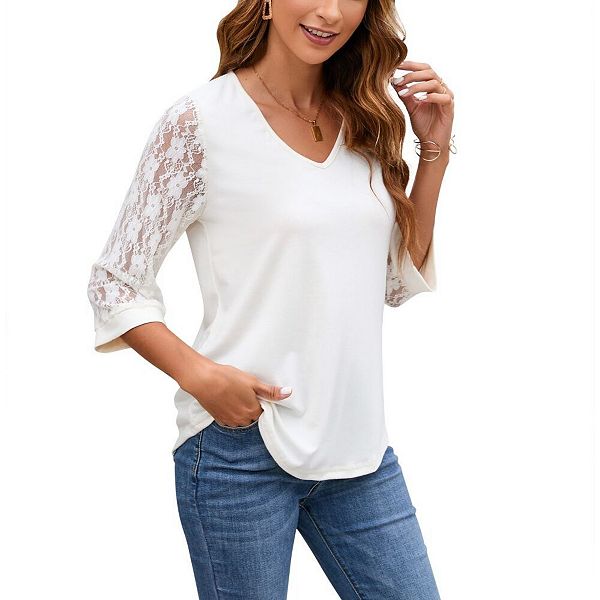 

Летняя блузка с V-образным вырезом и кружевными рукавами 3/4 Yesfashion, White