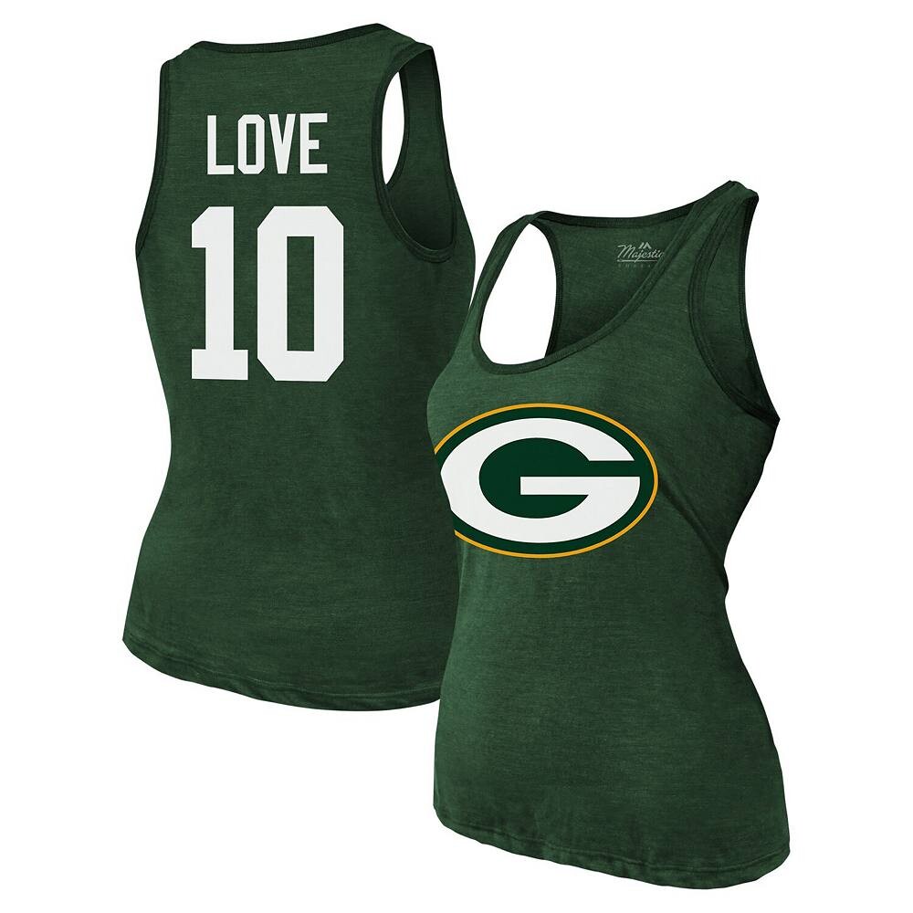 

Женская майка Majestic Threads Jordan Love Green Green Bay Packers с именем и номером, футболка Tri-Blend, цвет Pkr Green