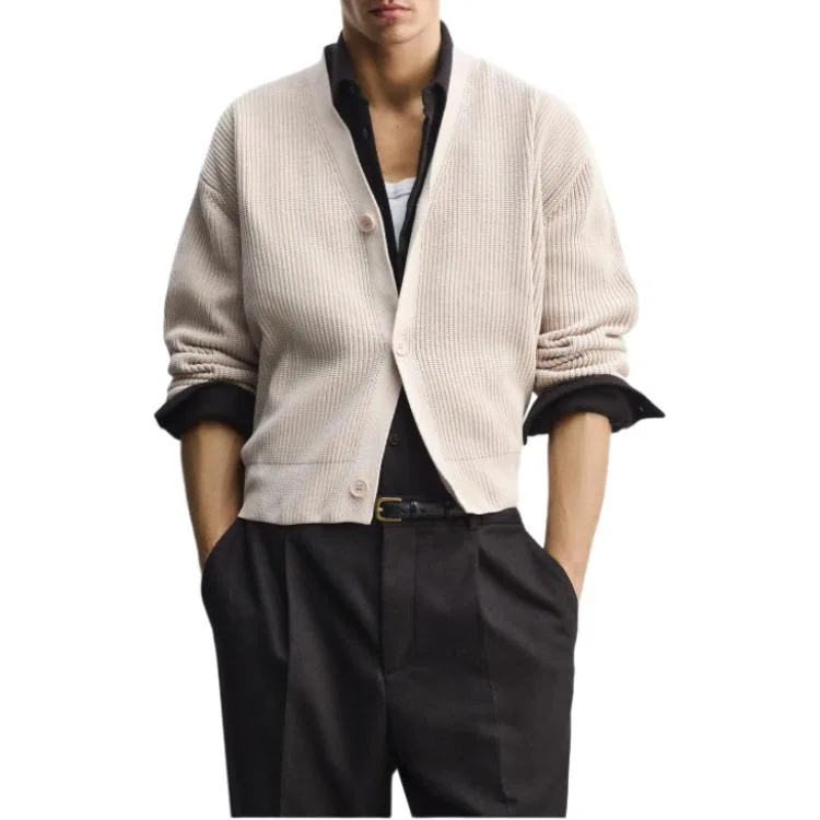 Мужской свитер с V-образным вырезом, свободного кроя, Raw White, ZARA — фото 4