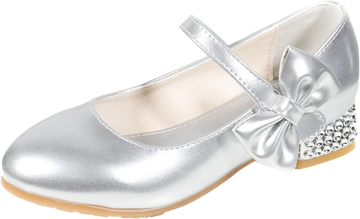 Детские туфли для девочек с бантом Mary Jane Flat Princess Wedding Party Bowknot Child Little/Big Kids School Low Heel Rhinestone Egmy, Silver