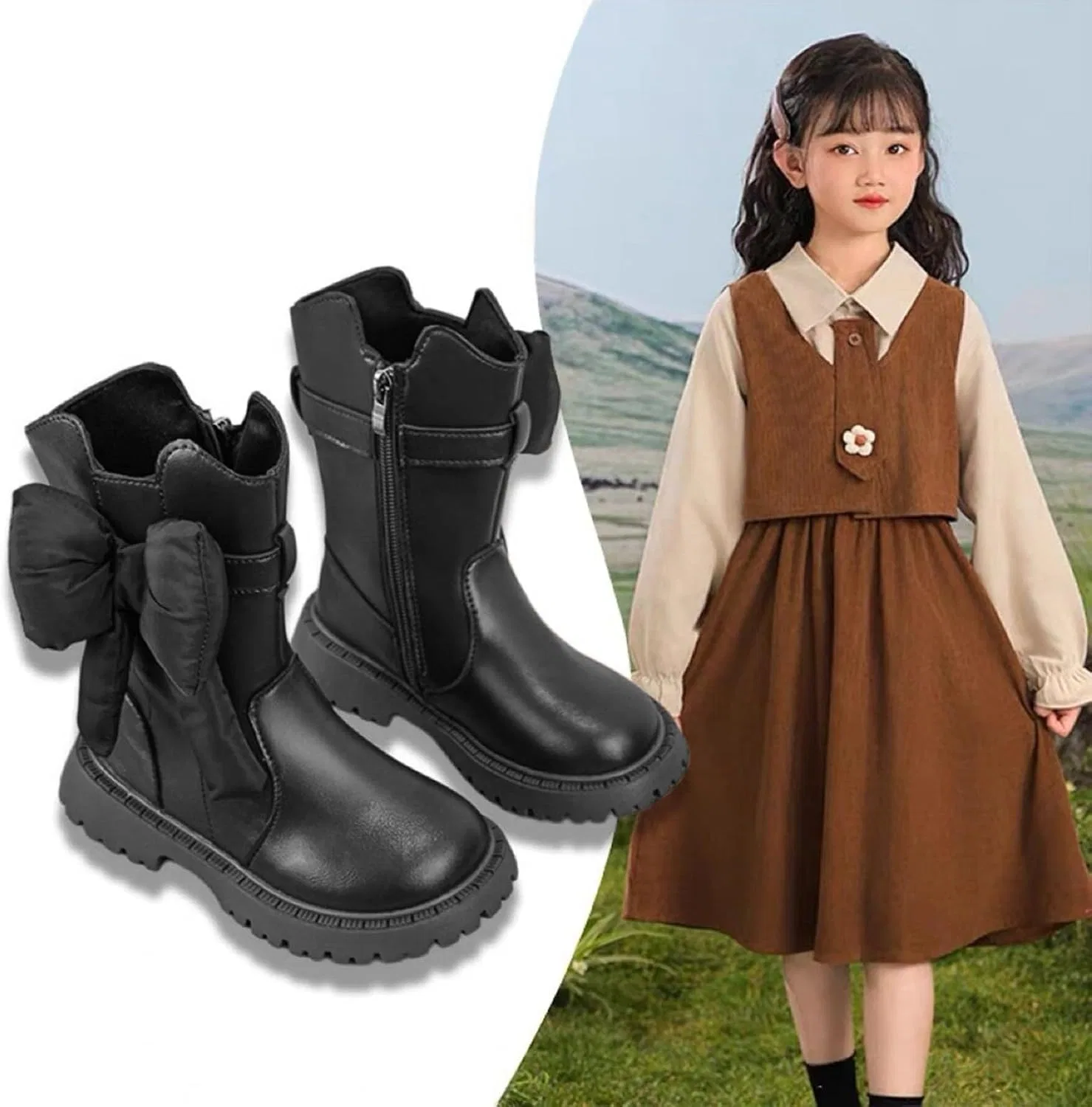 Детские ботинки с шнуровкой и боковой молнией Knee-High Lug XovLAHzY, Black — фото 2