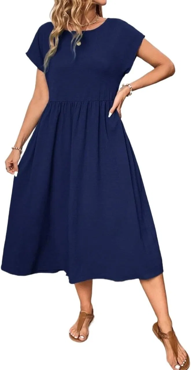 Женское повседневное платье миди А-силуэта с коротким рукавом, Navy Blue