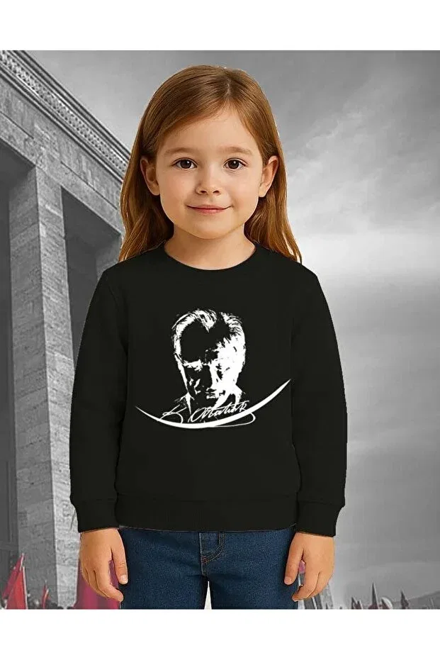 Детские свитшот для мальчиков с принтом Unisex crescent and star 19 may 29 october 23 april 10 november atatürk children's 3 thread raised Sedirli, Black