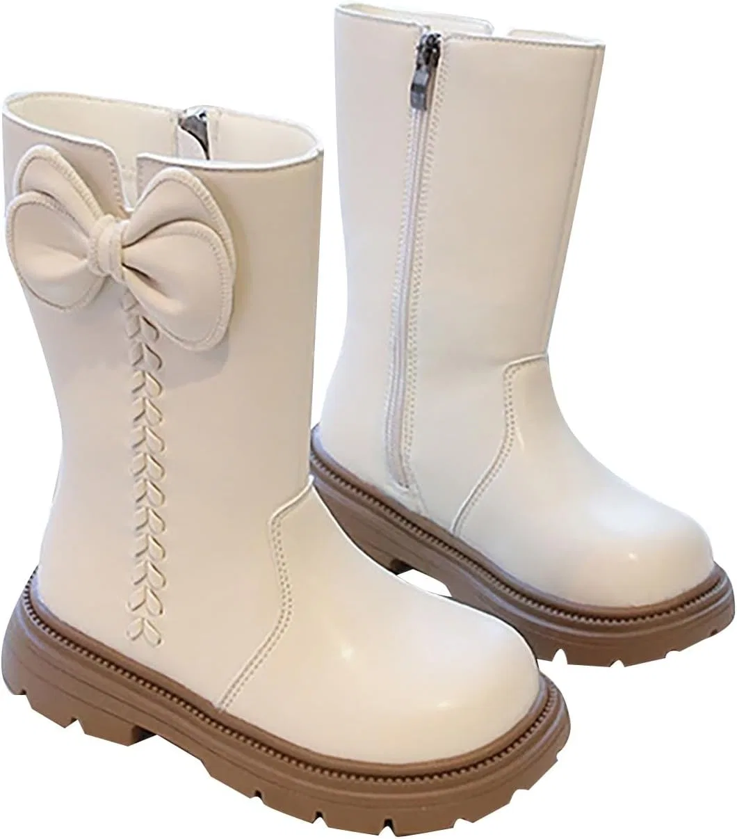 Детские ботинки для девочек с принтом, модель Girls Knee Length Boots Mid Calf Riding Boots PU Leather Zipper Punk Goth Boot Fall Winter Bowknot Combat Boot Little Big Kid, White