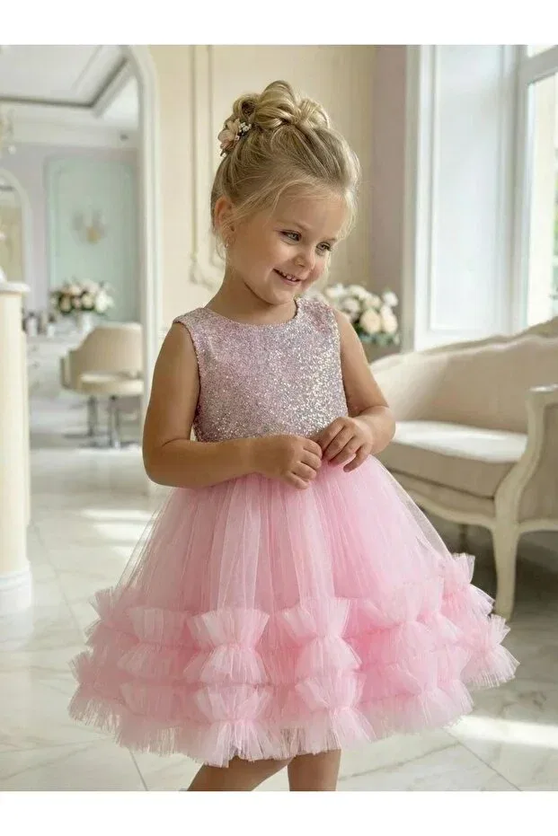 Детское платье для девочек с пайетками с длинным рукавом Butikhappykids, Pink — фото 4