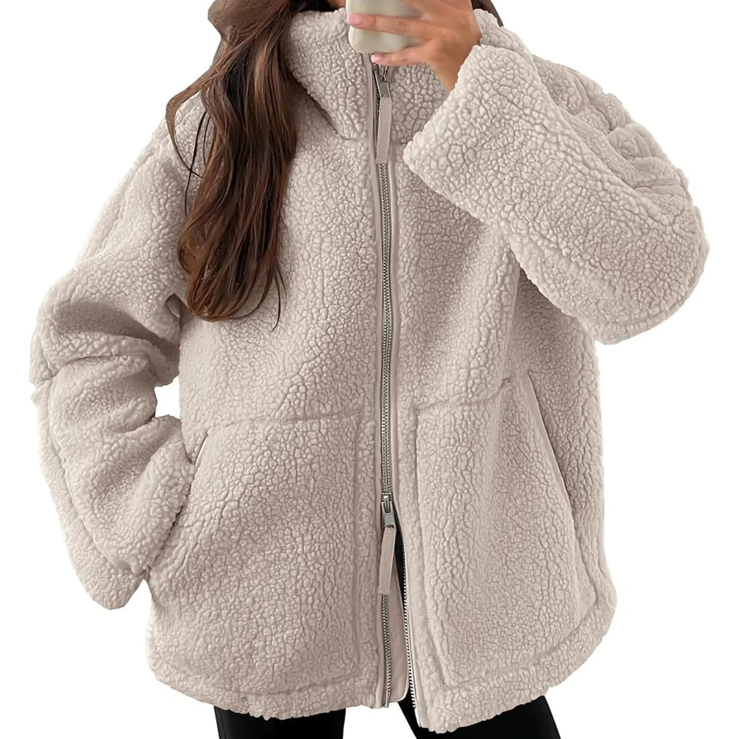 Женское пальто из флиса с принтом, с длинным рукавом, Beige