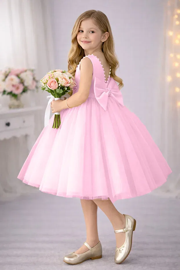 Детское платье для девочек без рукавов Violet model collar pearl girls dress satin top, fluffy dream tulle special occasion dress Suneh, Candy Pink — фото 2