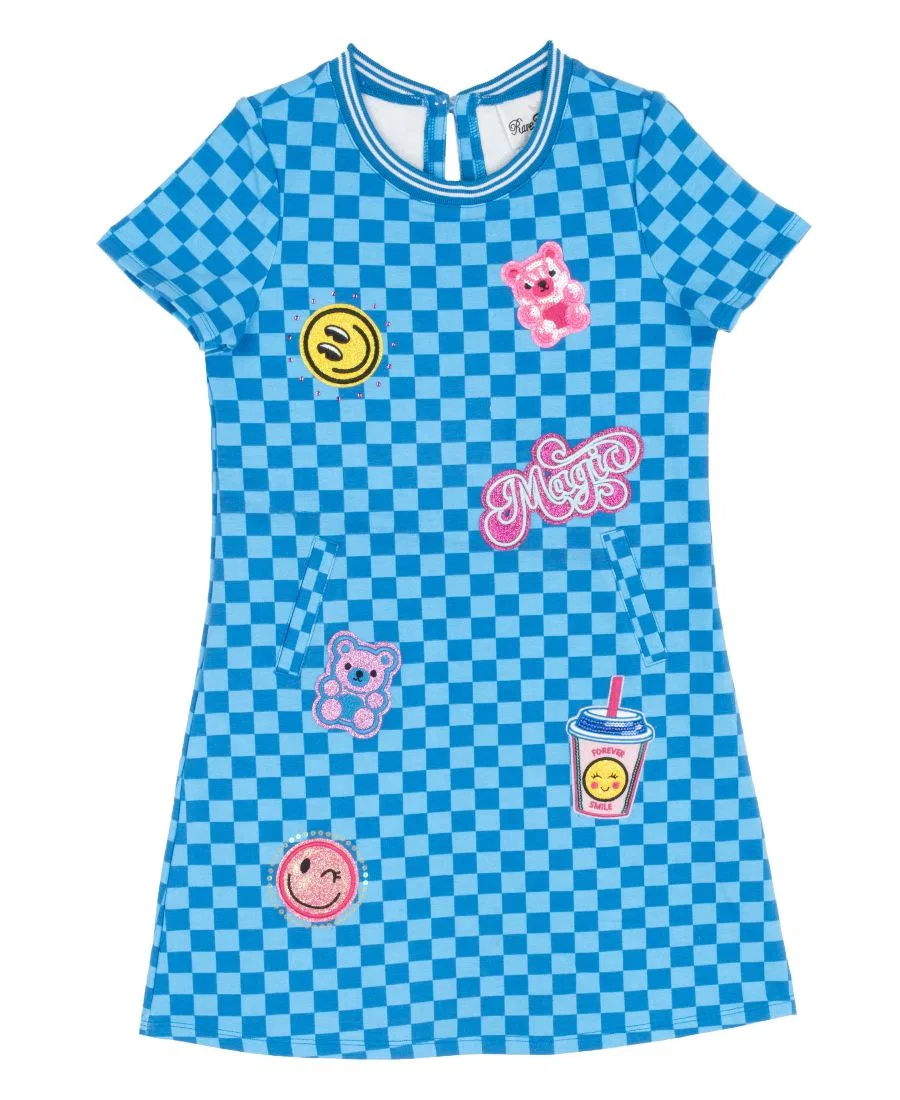 Платье-трапеция из хлопка с принтом, модель Checkered Applique Rare Editions, Blue — фото 4
