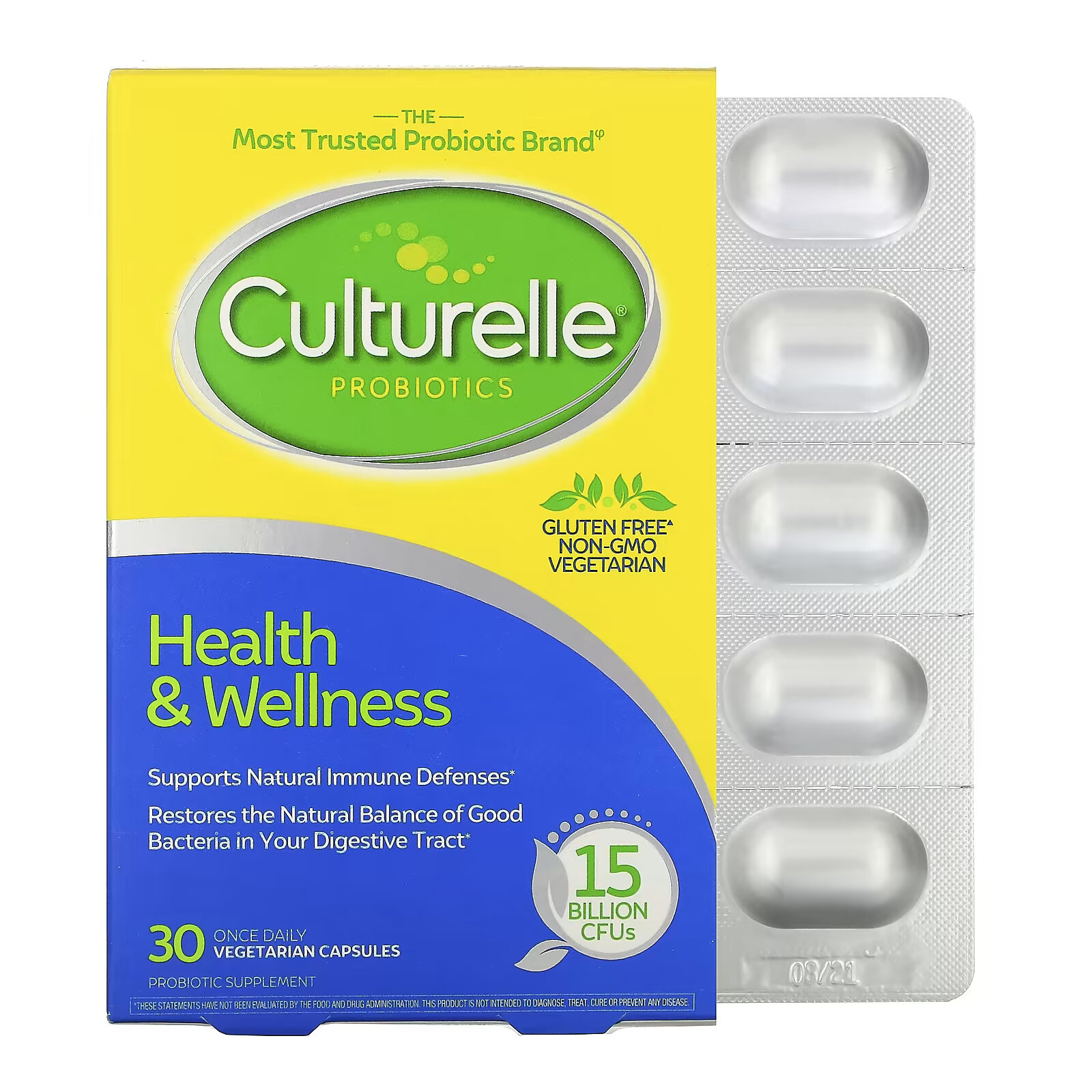 Culturelle, Пробиотики, здоровье и хорошее самочувствие, 15 миллиардов КОЕ, 30 вегетарианских капсул для приема один раз в день - фото