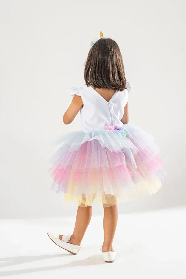 Детское платье для девочек с принтом Lol unicorn themed girl's white birthday dress & party costume with crown gift Yağmur Kostütüm, White — фото 2